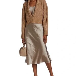 Elegant Tan Satin Midi Skirt with sweater